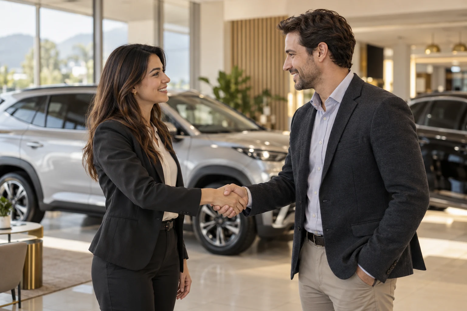 Dos profesionales estrechan sus manos durante una alianza comercial en una vitrina de vehículos